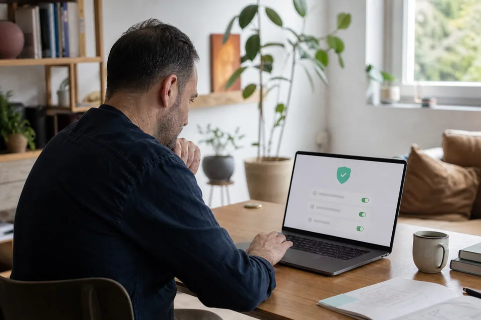 Founder reviewing account access settings on a laptop at a home office desk