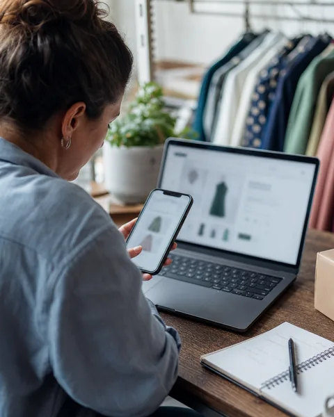 Ecommerce manager checking an online store on a phone and a laptop