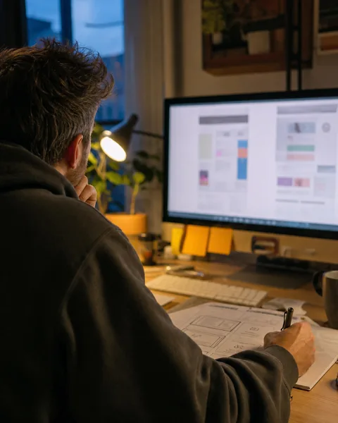 Designer comparing two versions of a product page on a large monitor