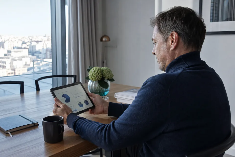 Marketing lead reading the monthly fee and spend report on a tablet