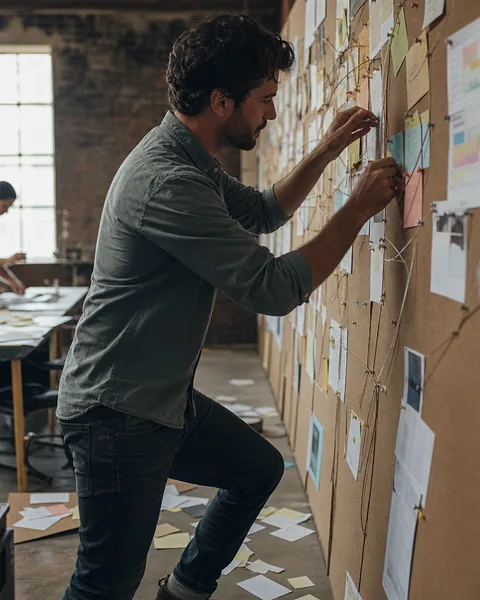 Strategist mapping a campaign structure on a wall of printed charts